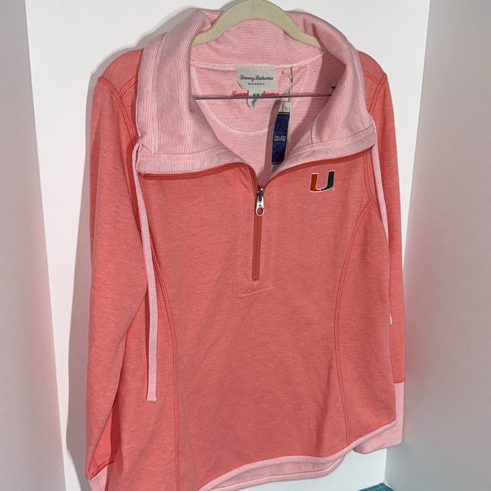 Tommy Bahama Pink Quarter-Zip College Miami U Cozy Fall NWT Pullover Size Medium - Picture 2 of 10